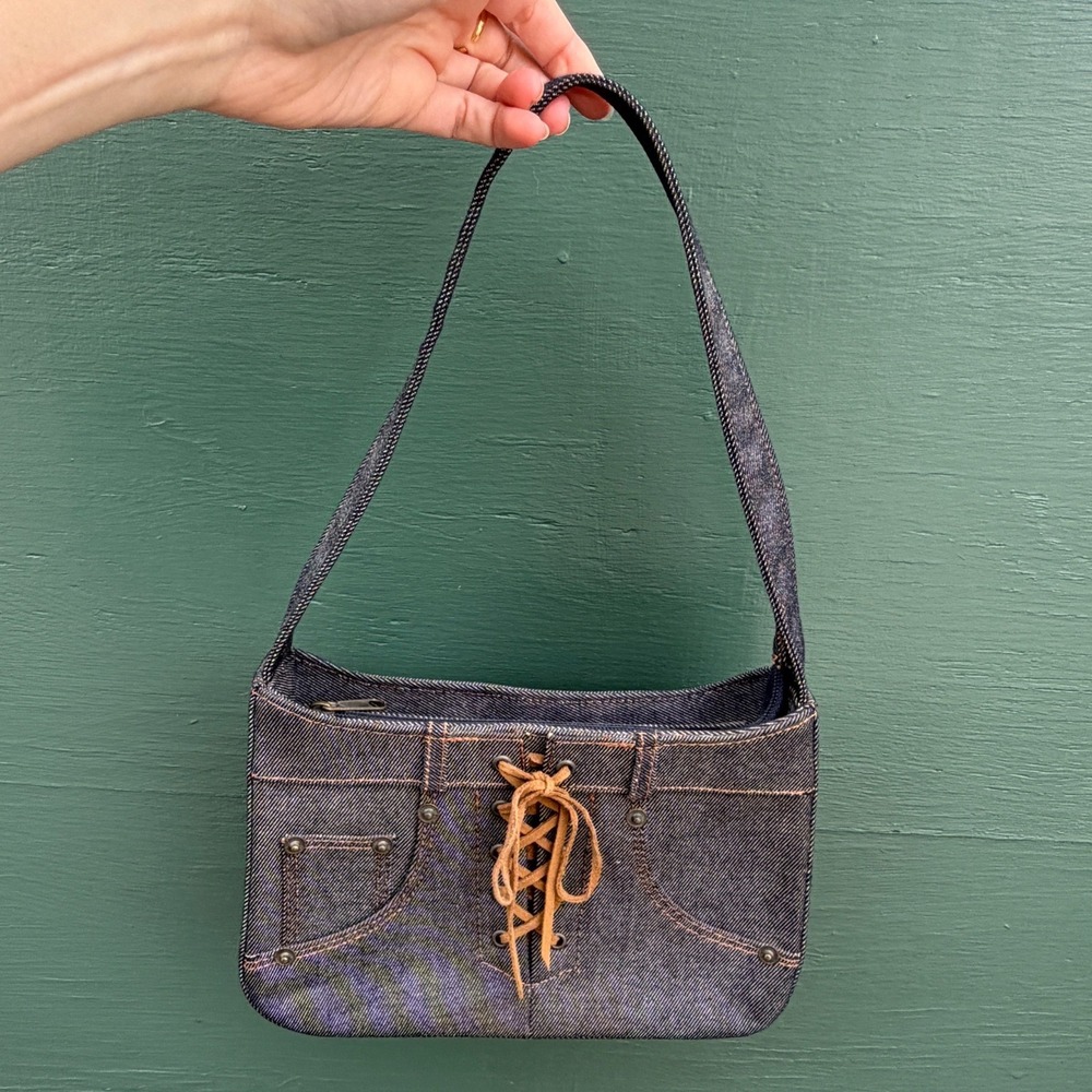Vintage Y2K Dark Wash Denim Lace Up Corset Baguette Shoulder Bag Purse Bratz